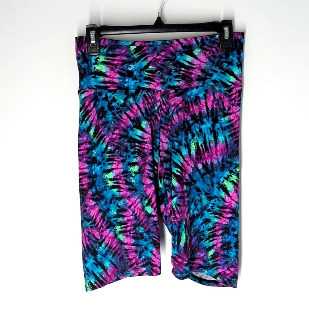 High rise rainbow tie dye bike shorts L Coquetry (?) pink/blue/green spandex